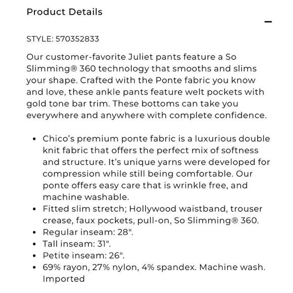 Chicos So Slimming Juliet Ponte Trim Detail Ankle Pants Size 16 NEW with tags - Picture 13 of 14